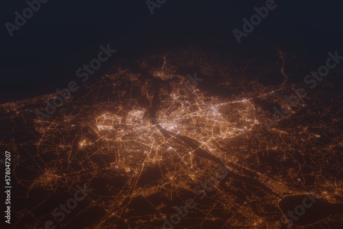Aerial shot of Riga (Latvia) at night, view from south. Imitation of satellite view on modern city with street lights and glow effect. 3d render