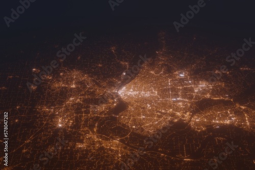 Aerial shot of St Louis (Missouri, USA) at night, view from north. Imitation of satellite view on modern city with street lights and glow effect. 3d render