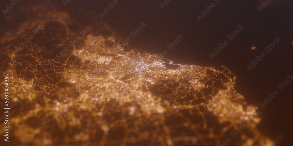 Street lights map of Cardiff (UK) with tilt-shift effect, view from west. Imitation of macro shot with blurred background. 3d render, selective focus