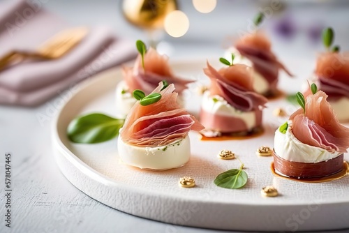 Delicious pink and white somen canapes with salted plum and prosciutto ham on a white platter, AI generated