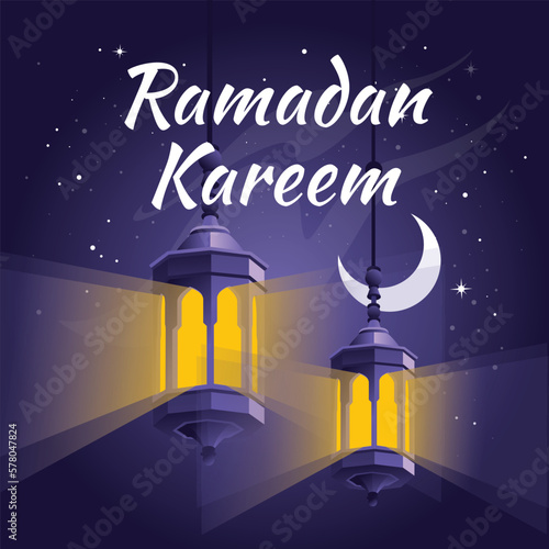 traditional Arabic lanterns on the background of the new moon. Ramadan greeting card. islamic symbol. Purple starry night. Vector illustration