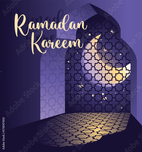 The new moon shines and the Arab window. Celebrating Ramadan. Siolas of the Muslim faith. Purple moonlit night. Window ornament on the floor. Greeting card. Vector illustration