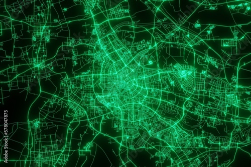 Map of the streets of Tianjin (China) made with green illumination and glow effect. Top view on roads network. 3d render, illustration