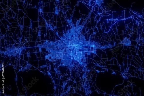 Street map of Bishkek (Kyrgyzstan) made with blue illumination and glow effect. Top view on roads network