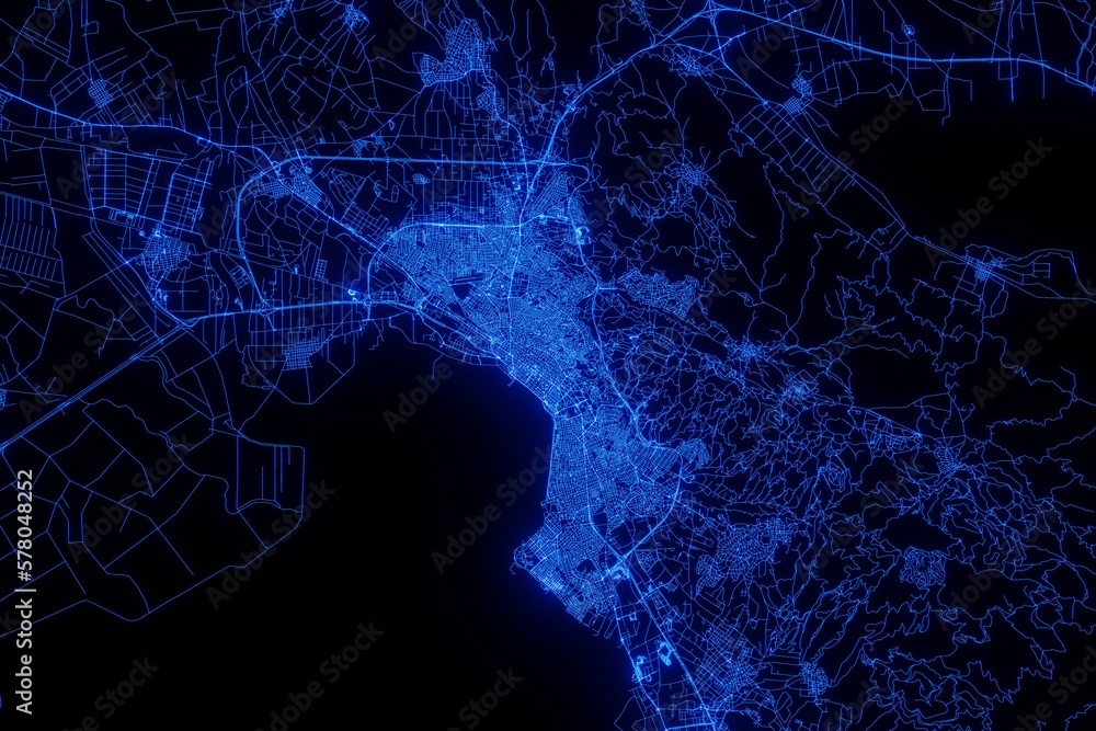 Street map of Thessaloniki (Greece) made with blue illumination and glow effect. Top view on roads network - obrazy, fototapety, plakaty 