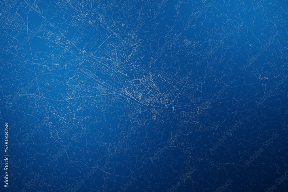 Stylized map of the streets of Florence (Italy) made with white lines on abstract blue background lit by two lights. Top view. 3d render, illustration Stylized map of the streets of Florence (Italy) made with white lines on abstract blue background lit by two lights. Top view. 3d render, illustration