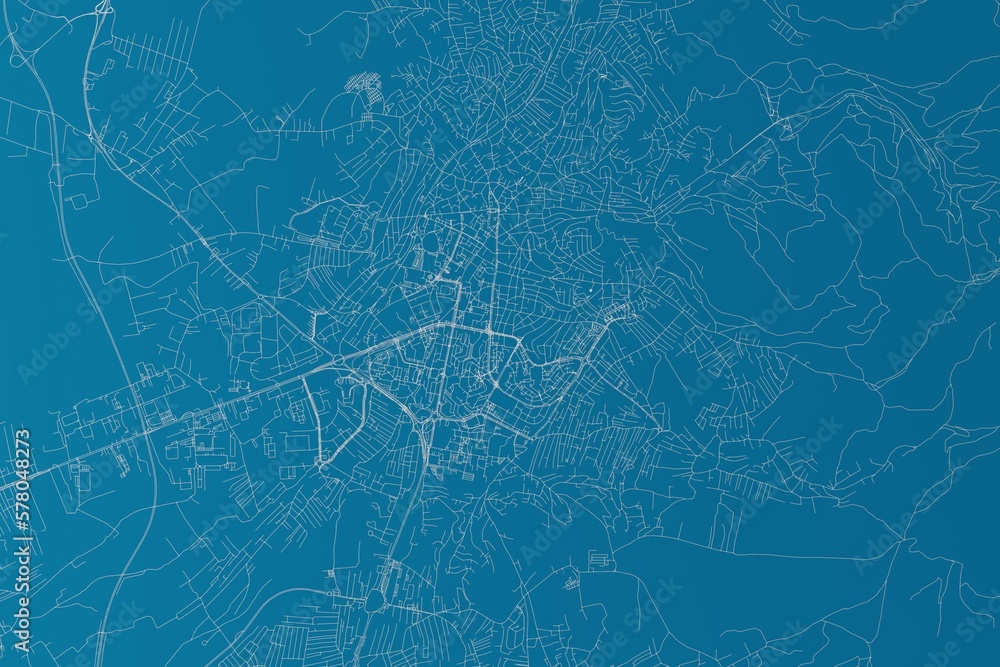 Map of the streets of Pristina (Kosovo) made with white lines on blue background. 3d render, illustration