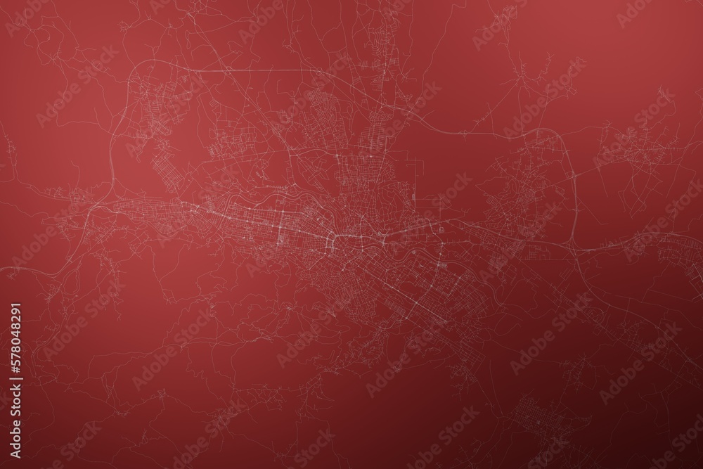 Map of the streets of Skopje (North Macedonia) made with white lines on abstract red background lit by two lights. Top view. 3d render, illustration