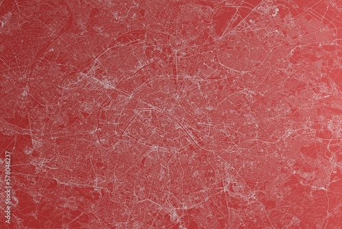 Map of the streets of Paris (France) made with white lines on red paper. Top view, rough background. 3d render, illustration