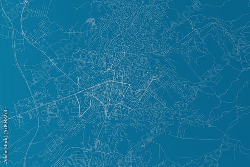 Map of the streets of Pristina (Kosovo) made with white lines on blue background. 3d render, illustration