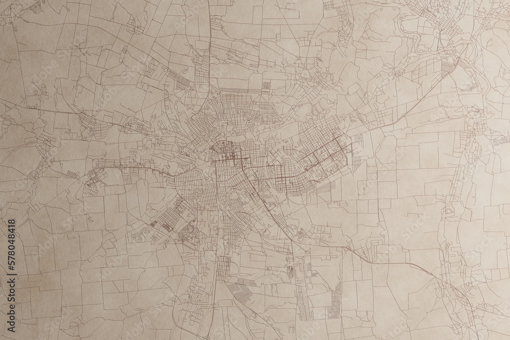 Obraz premium Map of Lugansk (Ukraine) on an old vintage sheet of paper. Retro style grunge paper with light coming from right. 3d render
