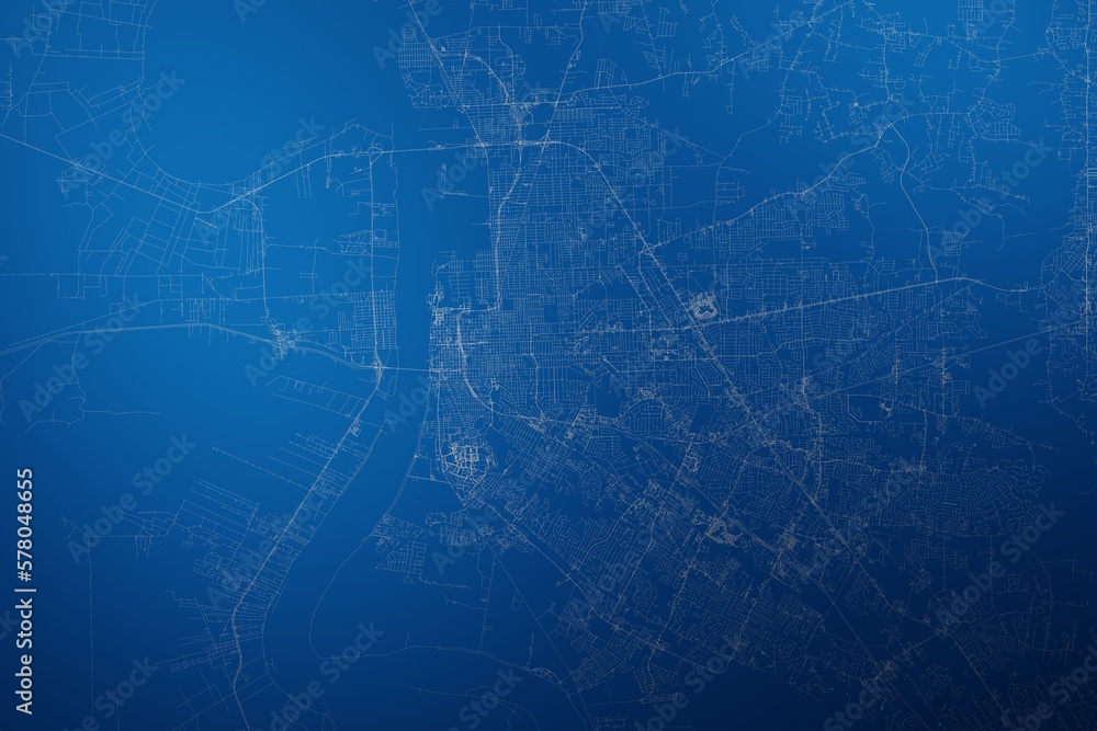 Stylized map of the streets of Baton Rouge (Louisiana, USA) made with white lines on abstract blue background lit by two lights. Top view. 3d render, illustration