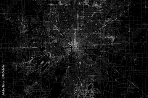 Stylized map of the streets of Indianapolis (Indiana, USA) made with white lines on black background. Top view. 3d render, illustration
