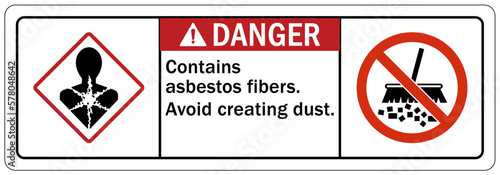 Asbestos chemical hazard sign and labels contains asbestos fibers. Avoid creating dust photo