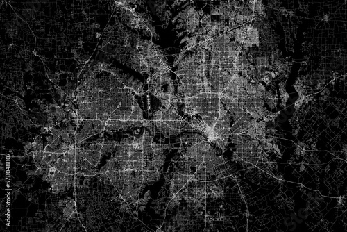 Stylized map of the streets of Dallas and Fort Worth (Texas, USA) made with white lines on black background. Top view. 3d render, illustration photo