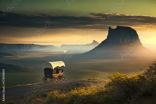 Canvas Print A horse and wagon on a trail in the old West. Cowboy movie.