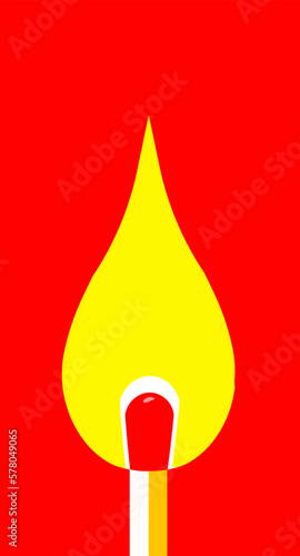 A red tipped wooden match burns with a yellow flame on a red background in a vector image .