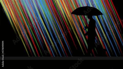 A man with an umbrella walks past angled lines of bright colors in a vector image.