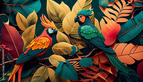 Creative background with exotic bright colorful leaves and birds captured with Ektachrome. Created with Generative AI  © kilimanjaro 