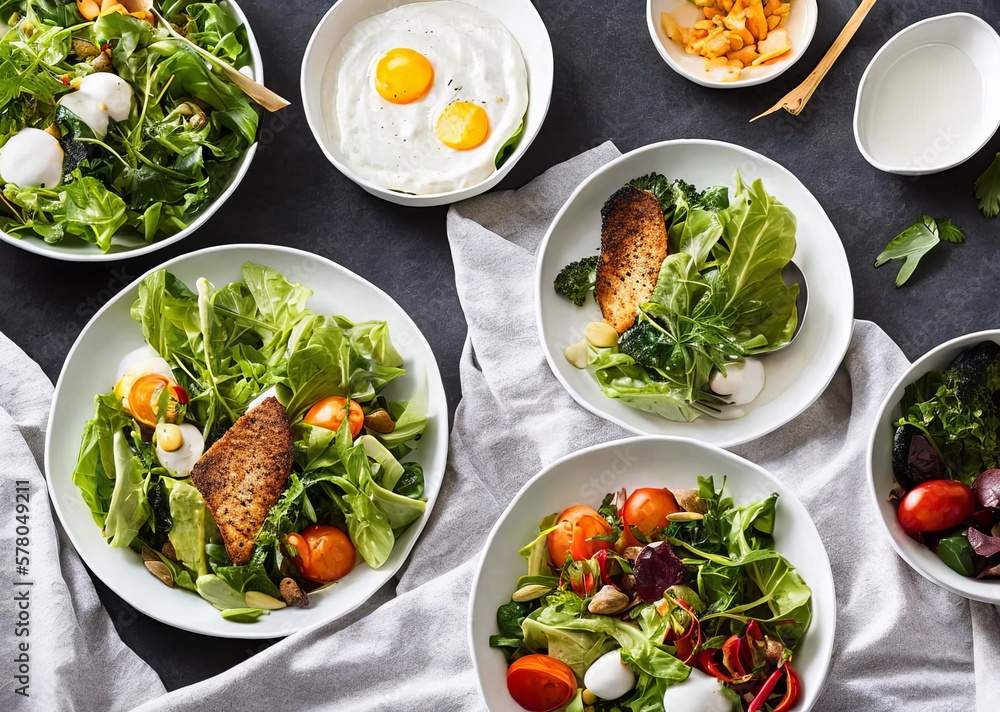 healthy salad with chicken, arugula and avocado. top view. healthy salad with chicken, arugula and avocado. top view.