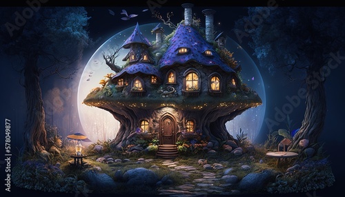 mushroom house, gnome home, fantasy fairytale architecture, Generative Ai