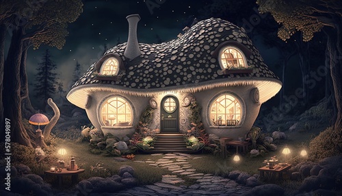 mushroom house, gnome home, fantasy fairytale architecture, Generative Ai