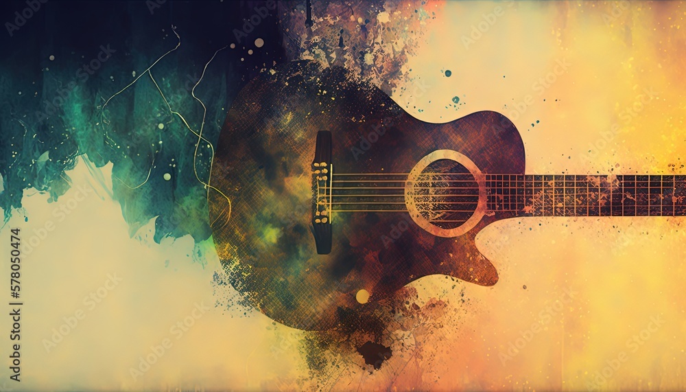 abstract background illustration ,music industry theme, a guitar with grunge noise and grain texture background, Generative Ai