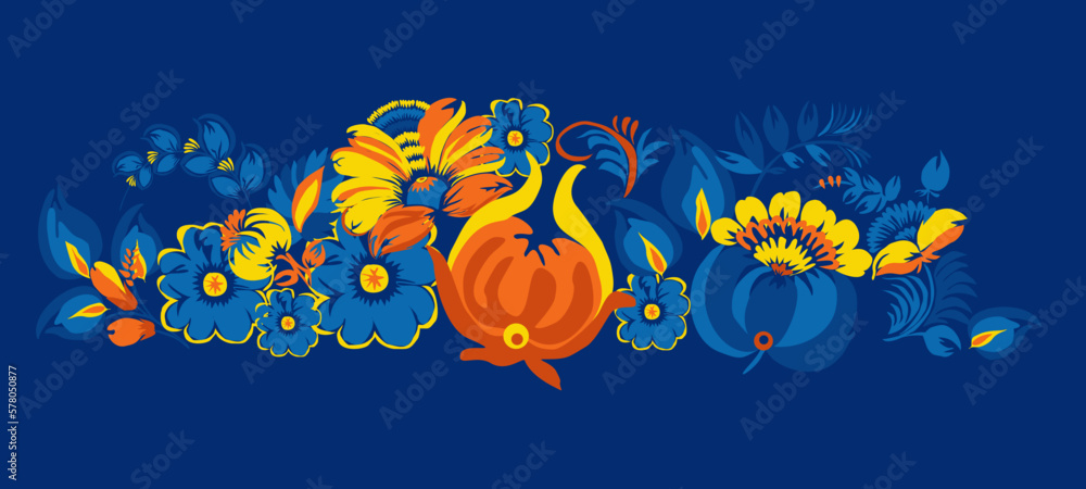 Traditional Ukrainian painting of Petrykivka. Elements of blue and yellow floral ornament. Decorative composition. Traditional Ukrainian painting of Petrykivka. Elements of blue and yellow floral ornament. Decorative composition.
