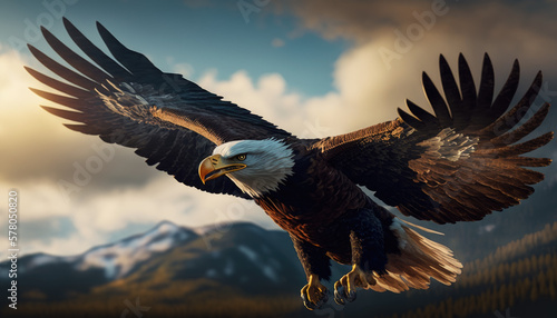 Bald eagle flies in clouds created with generative AI technology © Neuroshock