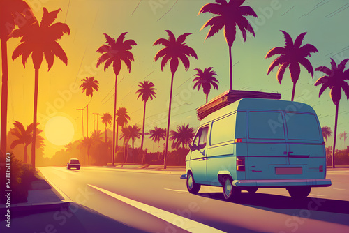 Van driving down a street next to palm trees. Retro wave illustration. Decorative background, concept of summer, travel, holidays and freedom. Generative AI photo