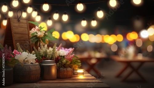 festive atmosphere restaurant or night market place with string lights and flower bouquet on table, Generative Ai