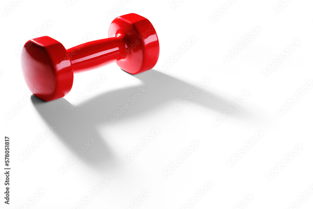 Red shiny dumbbell in vinyl wrap isolated on white background with long shadow. Red shiny dumbbell in vinyl wrap isolated on white background with long shadow.