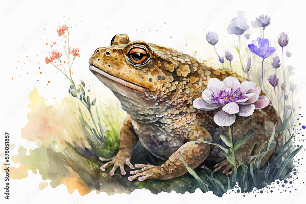 Fototapeta premium Watercolor painting of peaceful toad in a colorful flower field. Beautiful artistic animal portrait for poster, wallpaper, art print. Made with generative AI.