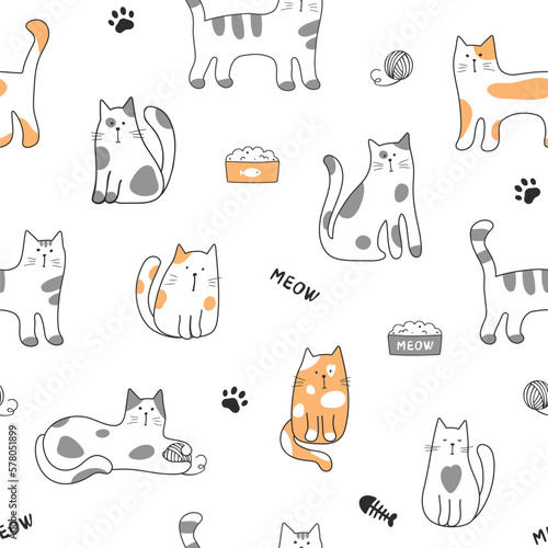 Seamless pattern with cute cartoon cats isolated on white background. Vector illustration in flat style.
