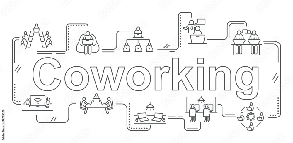 Coworking line banner. Collection of minimalistic icons for website. Teamwork and partnership, efficient workflow and business meeting. Cartoon flat vector illustrations isolated on white background