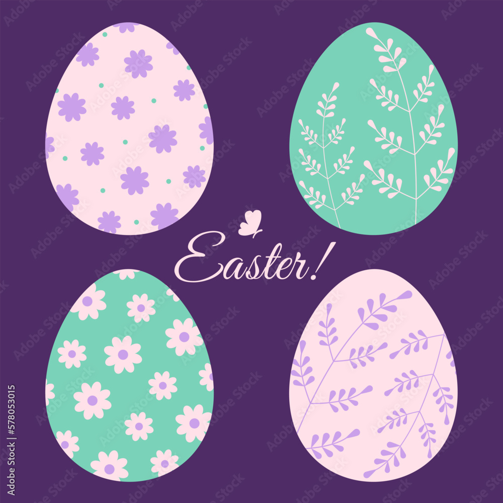 Set of Easter eggs decorated with plant elements. Festive vector illustration. Holiday text design. Set of Easter eggs decorated with plant elements. Festive vector illustration. Holiday text design.