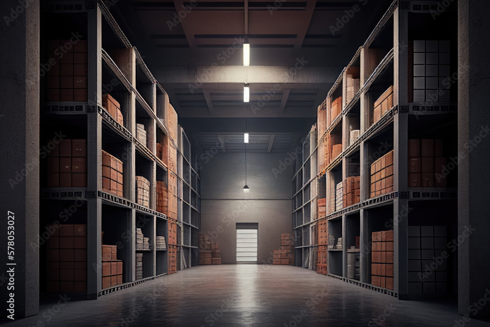 Warehouse interior. Commercial distribution warehouse with shelves and boxes. Created with Generative AI