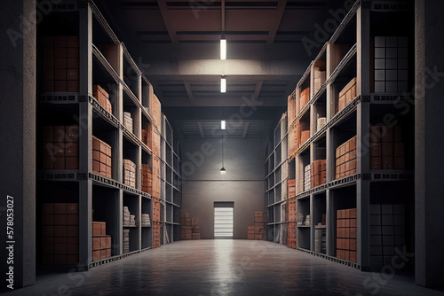 Warehouse interior. Commercial distribution warehouse with shelves and boxes. Created with Generative AI