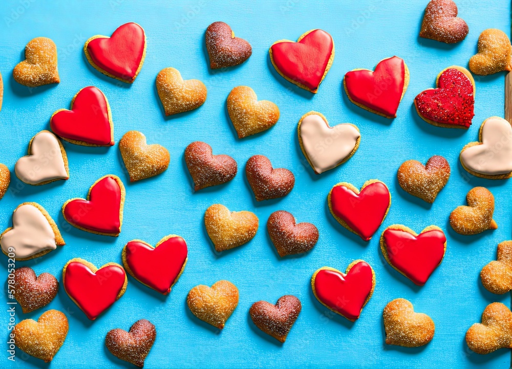 heart shaped cookies on a blue background. top view. heart shaped cookies on a blue background. top view.