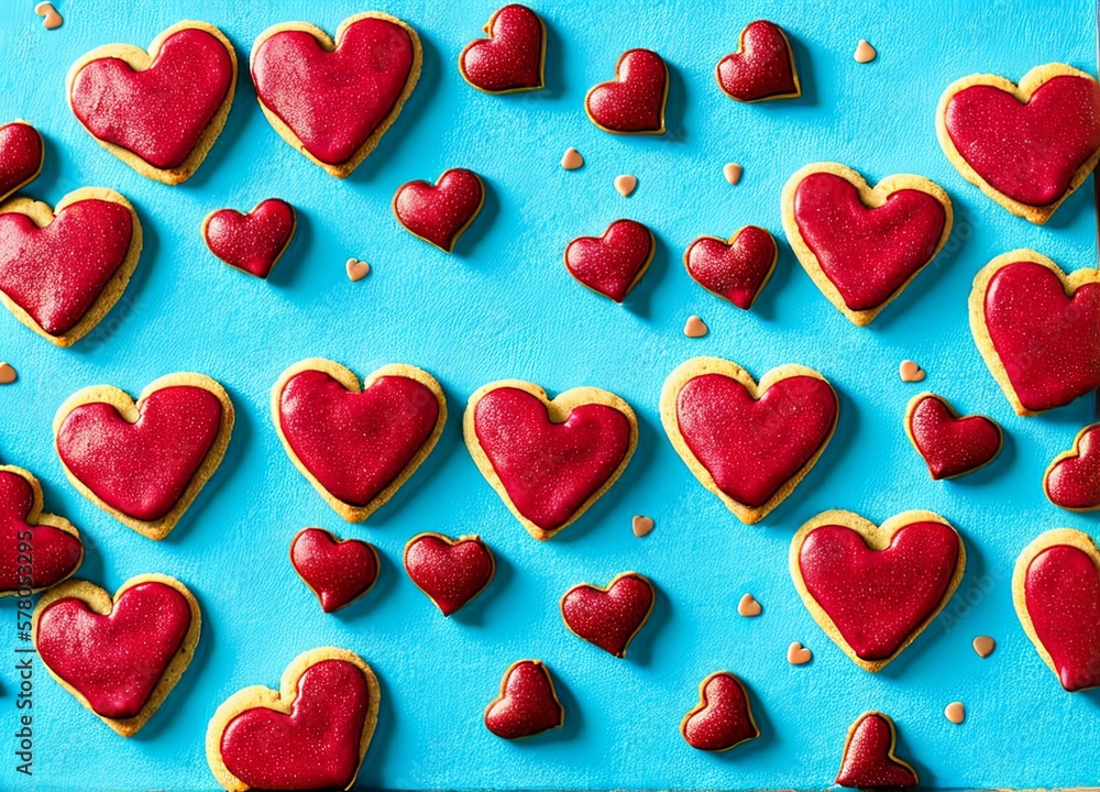 heart shaped cookies on a blue background. top view. heart shaped cookies on a blue background. top view.