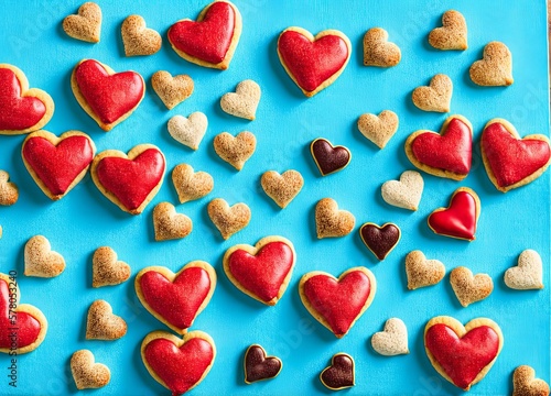 heart shaped cookies on a blue background. top view.