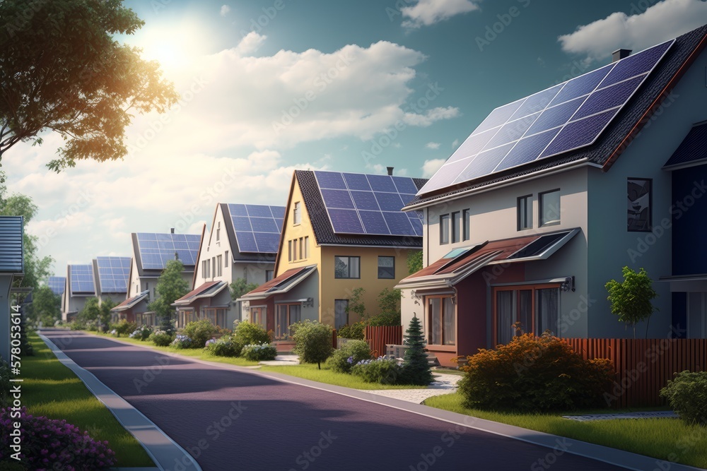 Residential houses with solar panels. Generative Ai