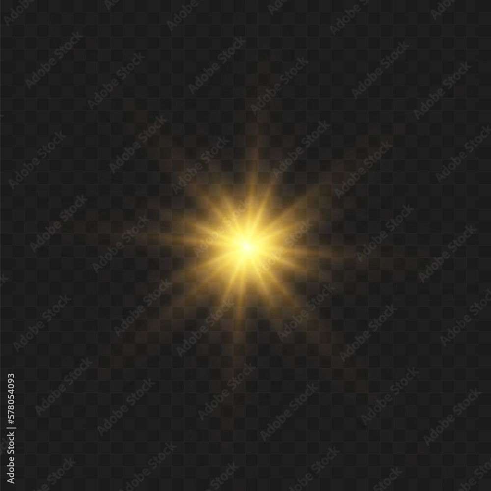 Yellow glowing light explodes on a transparent background. Bright Star. The star burst with brilliance. Golden Light effect. A flash of sunshine with rays. Yellow glowing light explodes on a transparent background. Bright Star. The star burst with brilliance. Golden Light effect. A flash of sunshine with rays.
