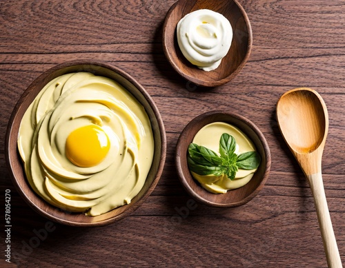 bowl of hummus with sour cream on wooden background