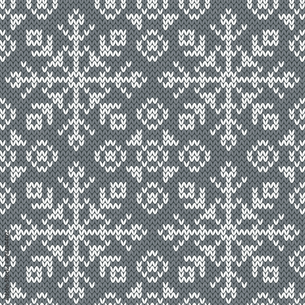 Snowflakes jacquard seamless pattern. Grey and white knitted background. Northern winter style. Vector illustration. Snowflakes jacquard seamless pattern. Grey and white knitted background. Northern winter style. Vector illustration.