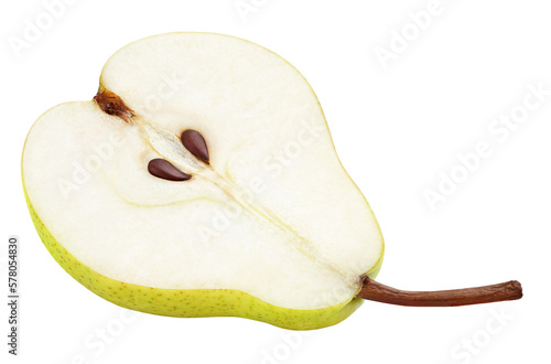 Half of green yellow pear fruit isolated on transparent background. Full depth of field.