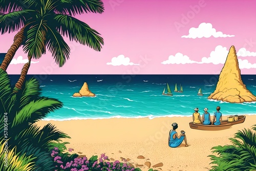 illustration design of landscape sea beach view  generative art by A.I.