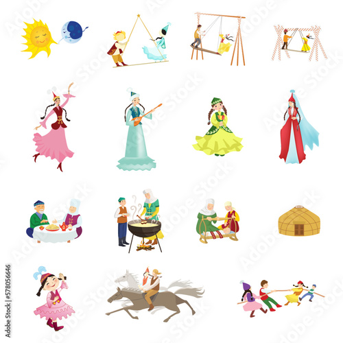 Set of vector illustrations in cartoon style of nomads of Central Asia and Kazakhstan. People in national costumes on a holiday and in everyday life.