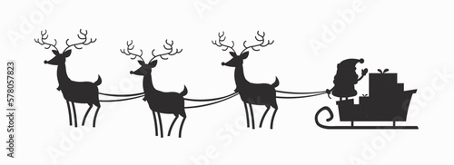 Christmas characters Black silhouette. Santa claus with gifts on sleigh with reindeer. Design element for invitation and greeting card. Winter holiday and New Year. Cartoon flat vector illustration
