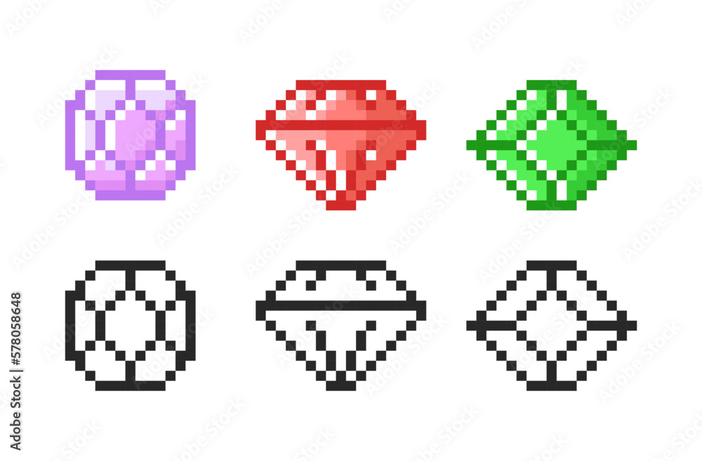 Magic precious stones icon in pixel style. Set of retro pixelated icons. Magic precious stones icon in pixel style. Set of retro pixelated icons.